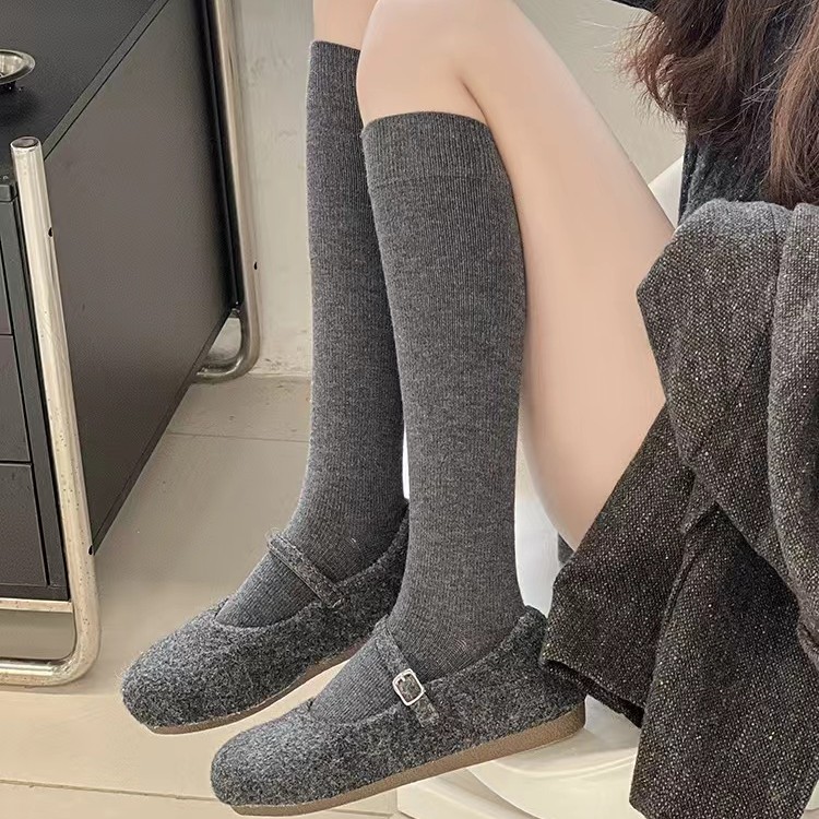 JS100511秋冬平纹加厚绵羊毛小腿袜高筒弹力袜子压力显瘦清新风格