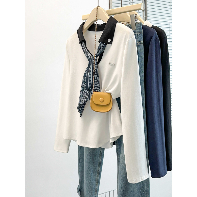 洋气减龄飘带翻领针织衫女2025秋冬新款小众设计感拼接内搭上衣