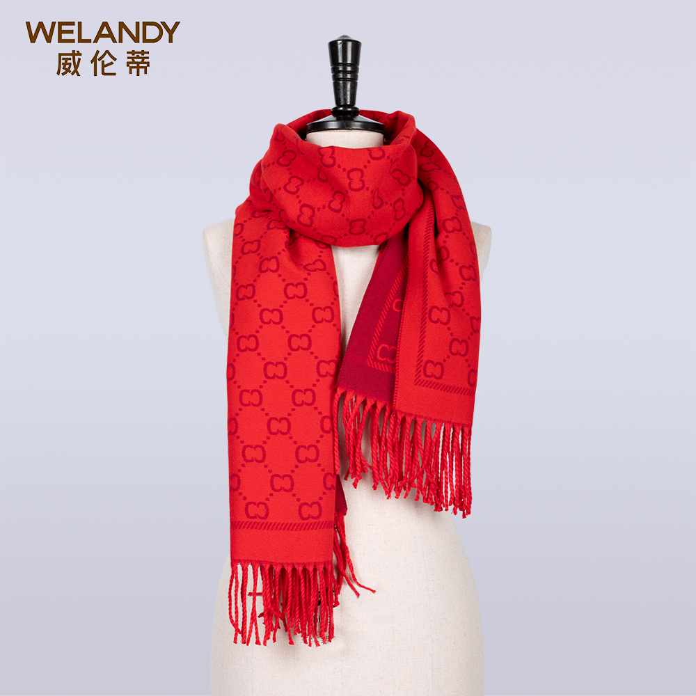 威伦蒂威伦蒂高级感柔软舒适女士双面红色保暖围巾披肩经典百搭