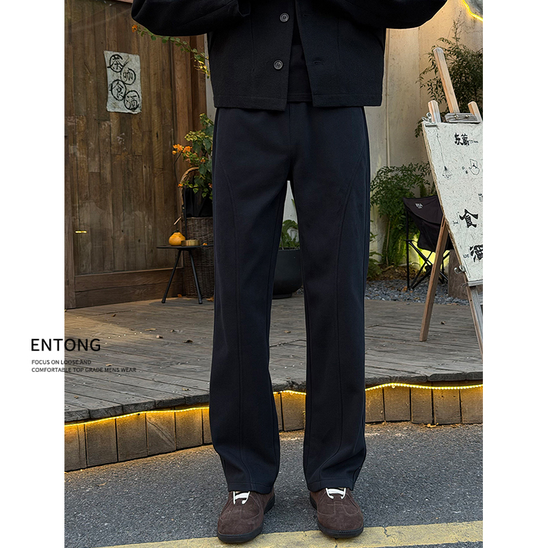 Entong秋冬款加绒加厚美式休闲cleanfit针织卫裤男生宽松直筒裤子
