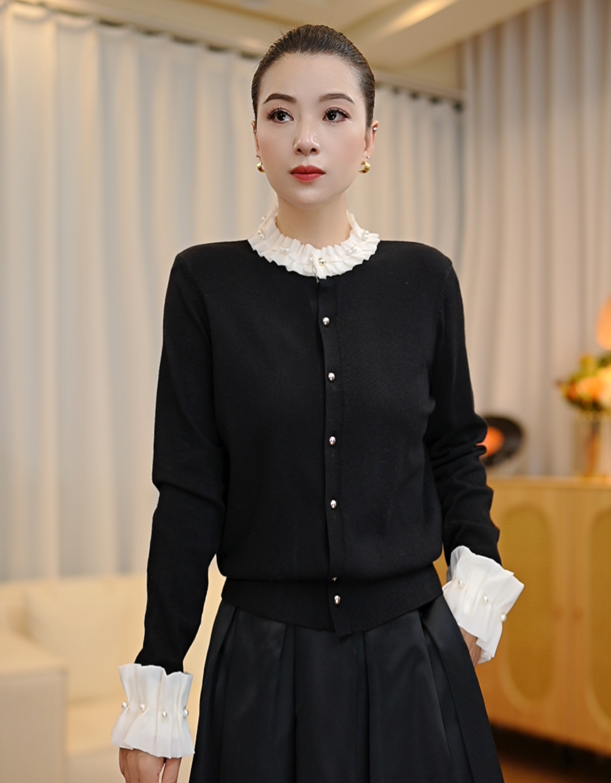 【现货】法式重工钉珠花边领毛针织衫女秋季新款开衫外套女