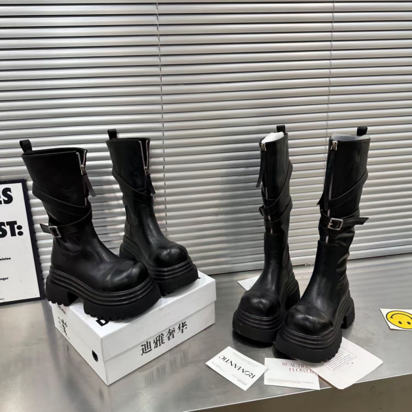 马丁靴女真皮大头前拉链翻领两穿厚底松糕小个子机车骑士瘦瘦长靴