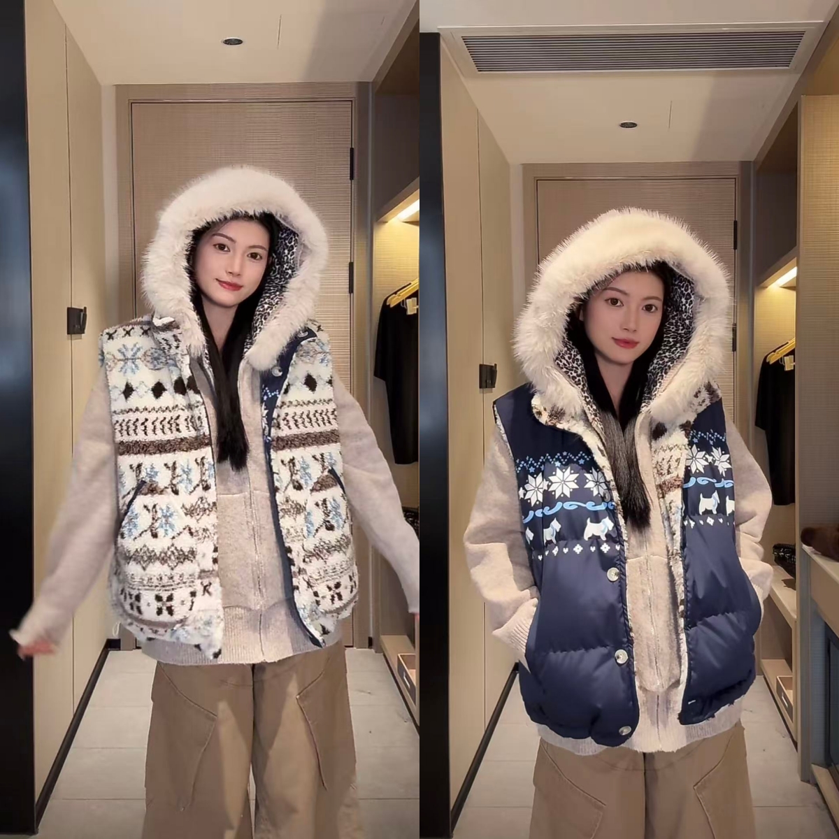 AMER 美式复古双面穿工艺拼接设计摇粒绒棉服外套冬季马甲0443