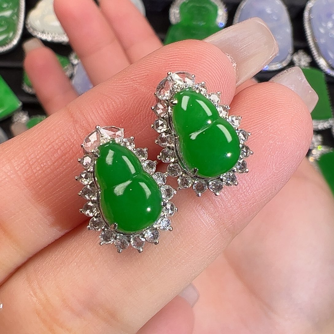 翡翠耳饰18K金镶嵌葫芦