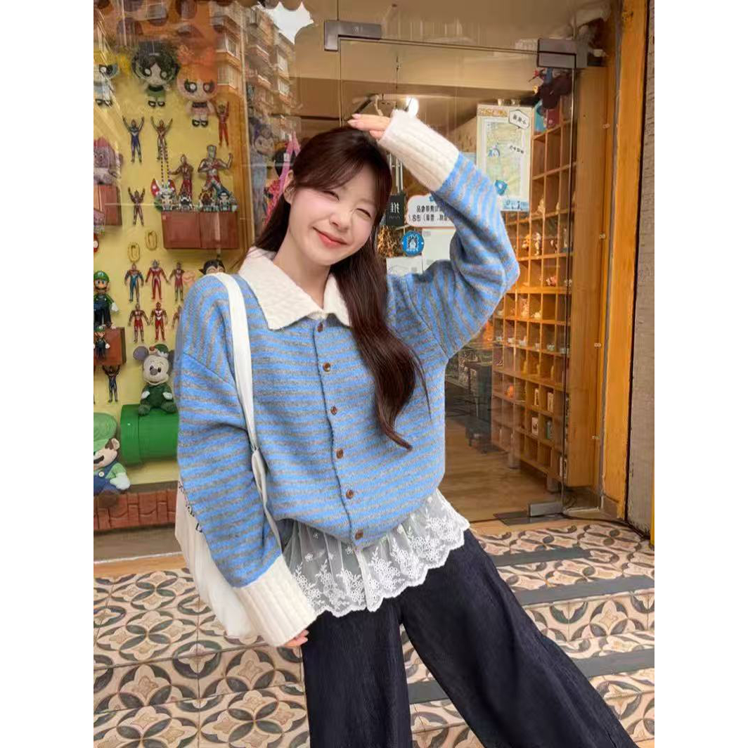 撞色条纹翻领长袖毛衣开衫女秋季韩系宽松针织外套设计感温柔上衣