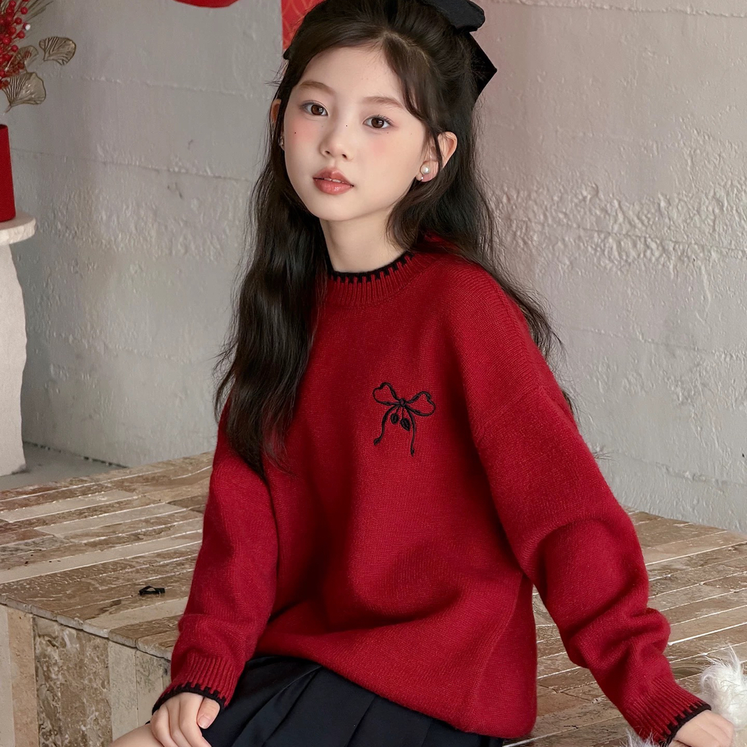 185-蝴蝶结毛衣mochier沫弛尔女童新年红色加厚毛衣