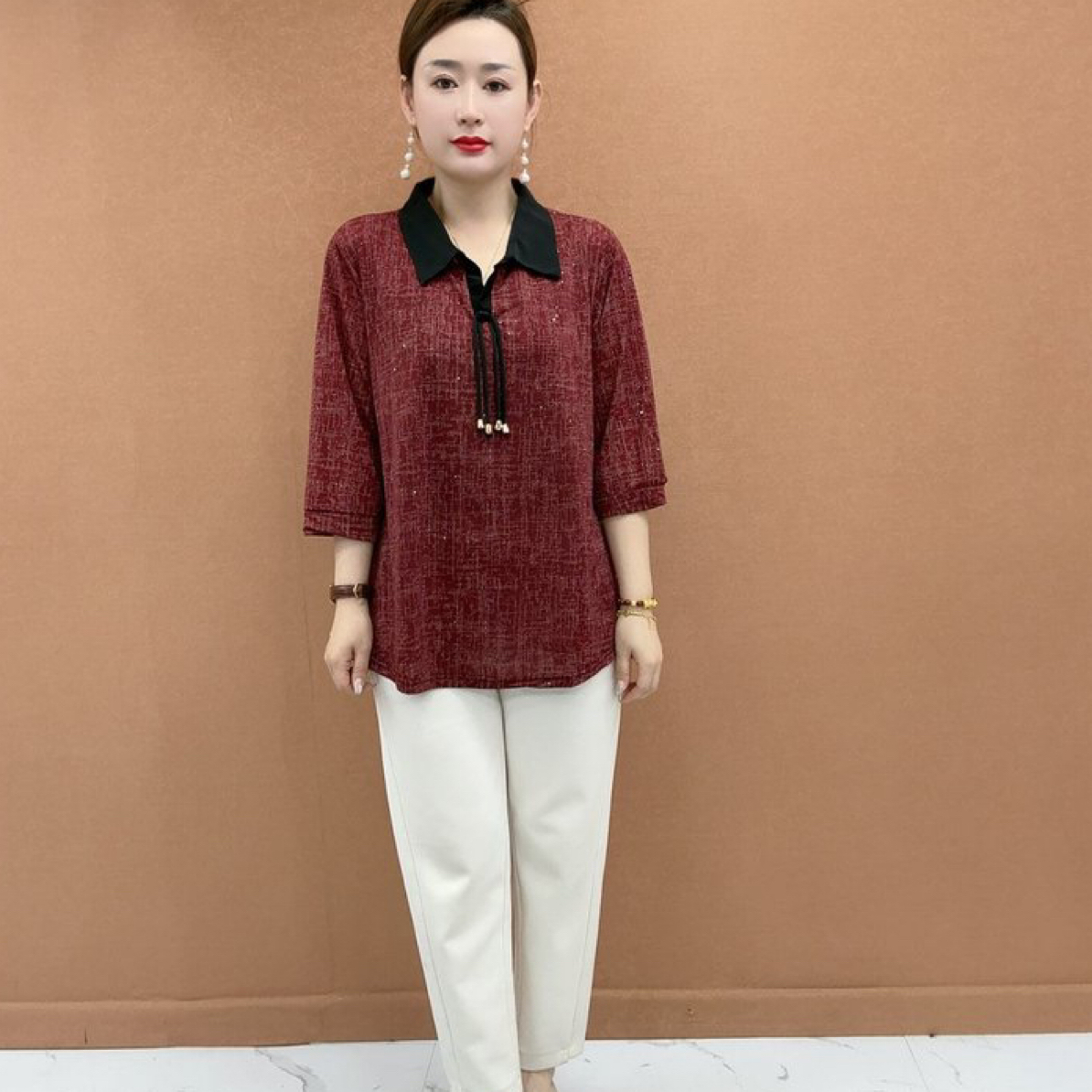 夏季妈妈装翻领宽松显瘦七分袖上衣衬衫T恤