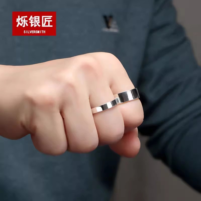 足银戒指 卡家999纯银情侣戒指光面素圈开口可调节情人节礼物