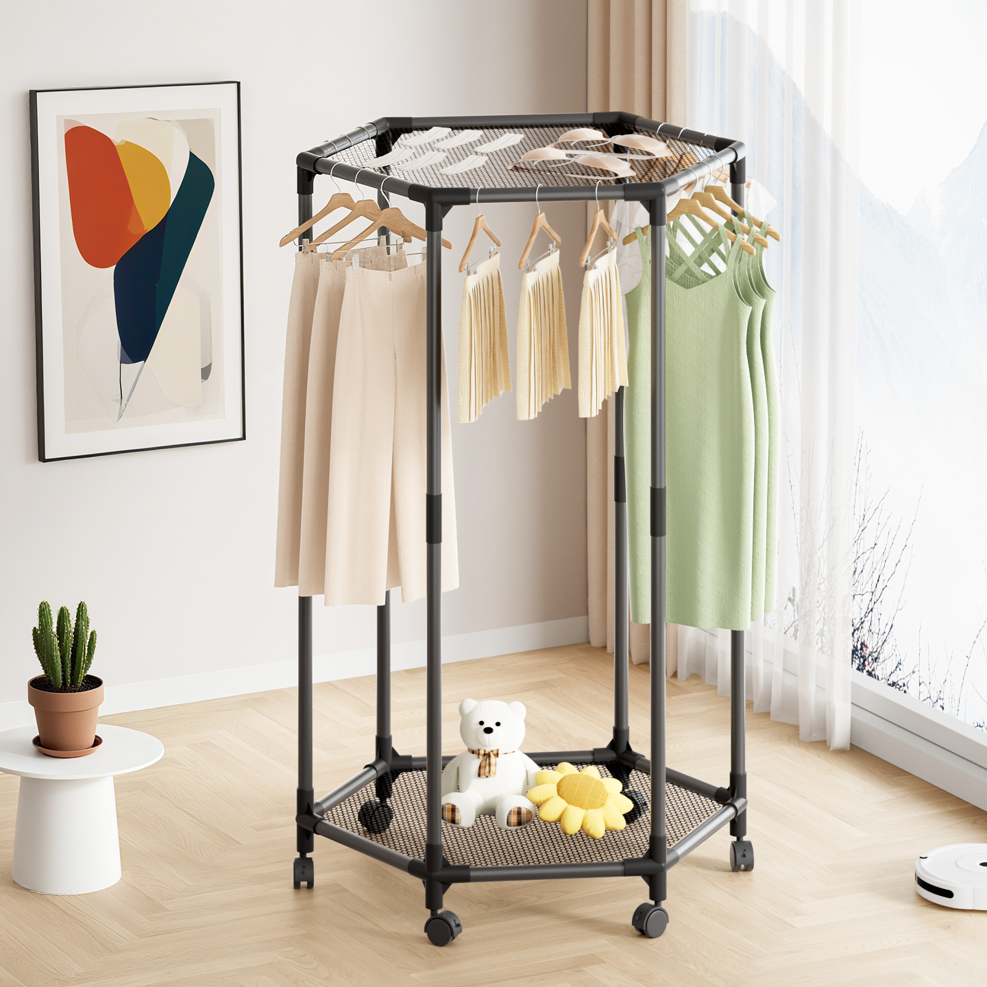 新款阳台移动小型晒衣架出租房收纳衣帽架360度六角晾衣架落地式