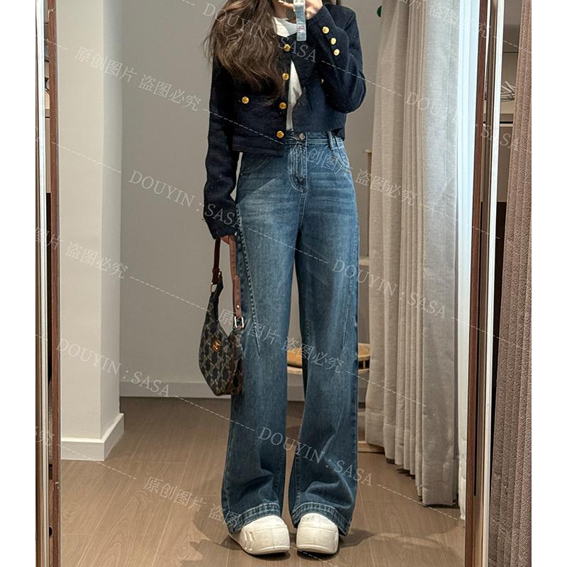 宽松阔腿直筒2025春夏新款牛仔裤女高腰遮跨显瘦垂感复古百搭微喇