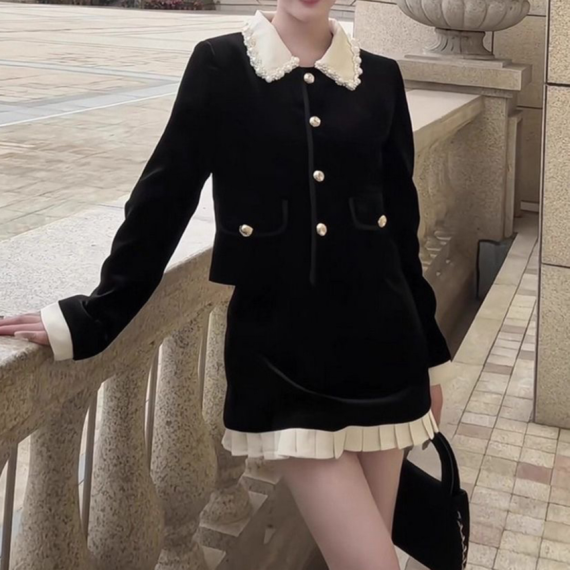 大码胖mm法式小香风丝绒套装女针织娃娃领外套+半身裙两件套200斤