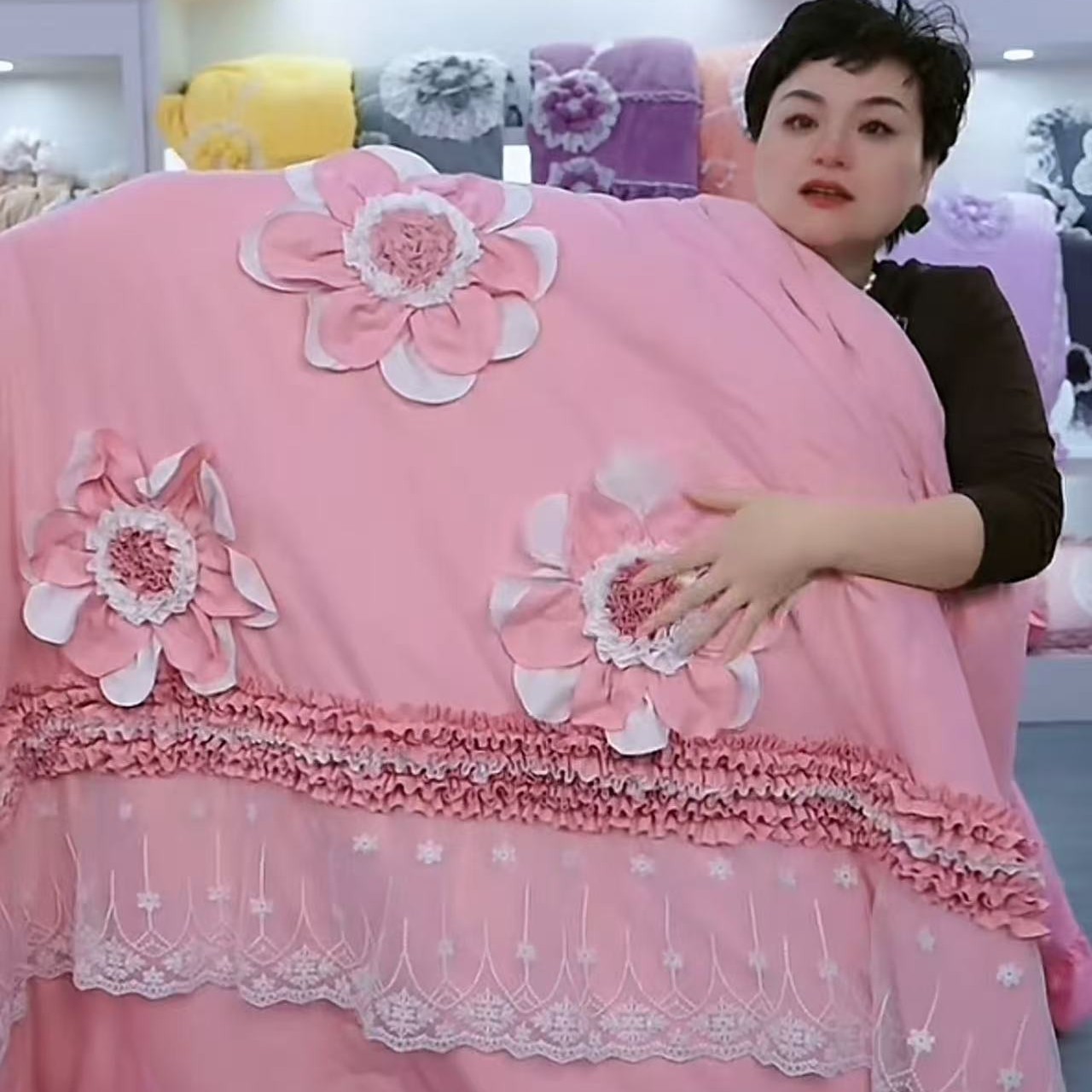 （半亩花田 ） 新款四季通用加厚夹棉蕾丝手工盘花纯色保暖韩版绣花