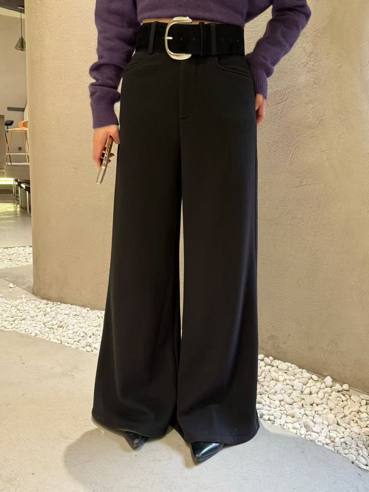 阔腿裤腰带秋冬休闲裤黑色阔脚裤休闲时尚西装显瘦