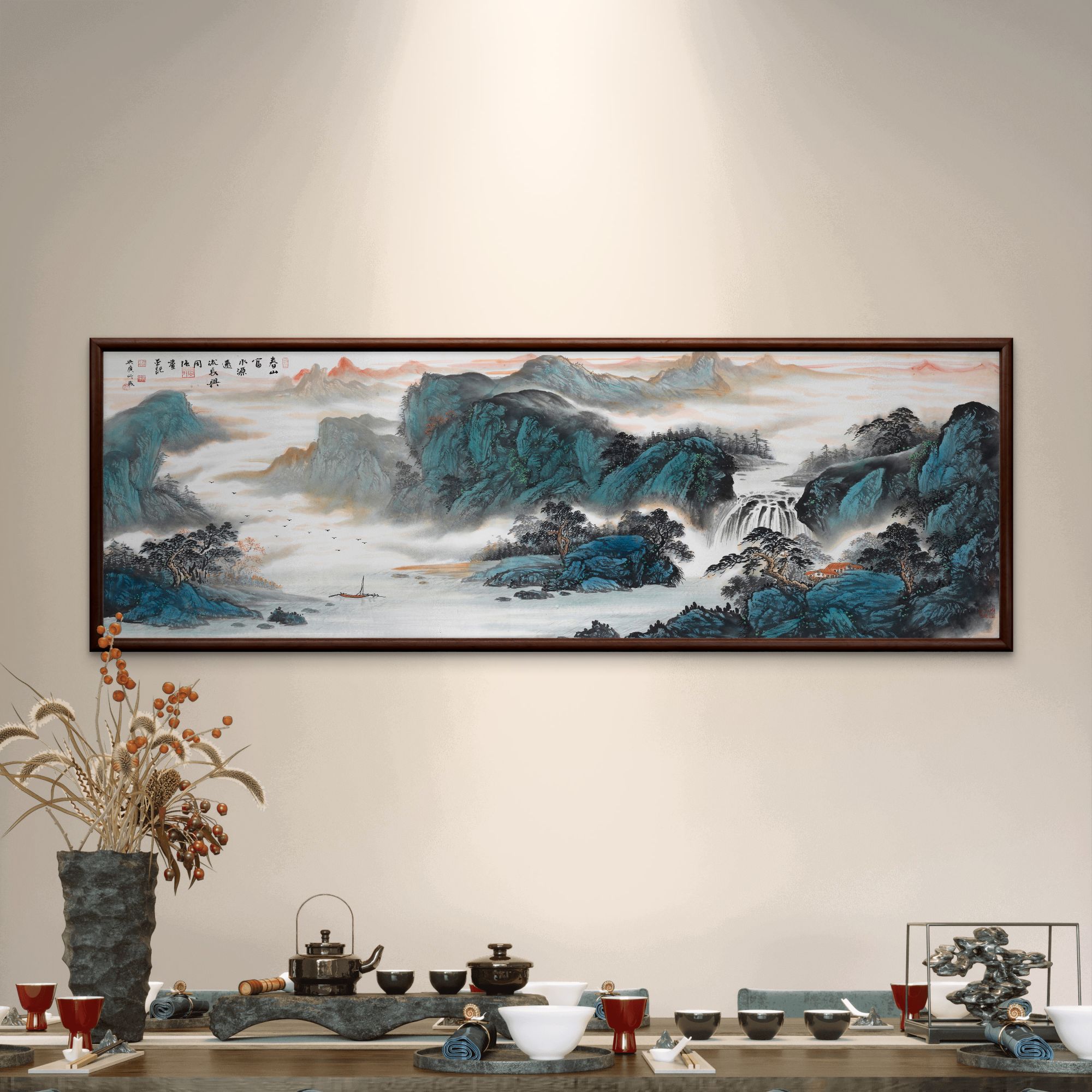 9869-62*185春山富水装饰画实木框办公室玄关书房茶室客厅挂画