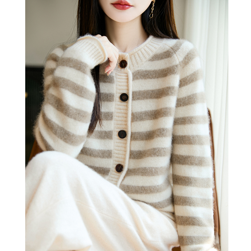 羊毛衫加厚条纹拼色针织开衫女卷边圆领毛衣宽松羊毛衫外套DMR402