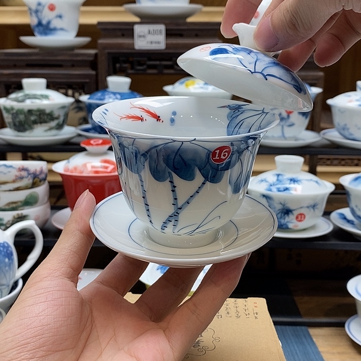 手绘内外绘荷花盖碗160cc釉下彩微瑕福利款