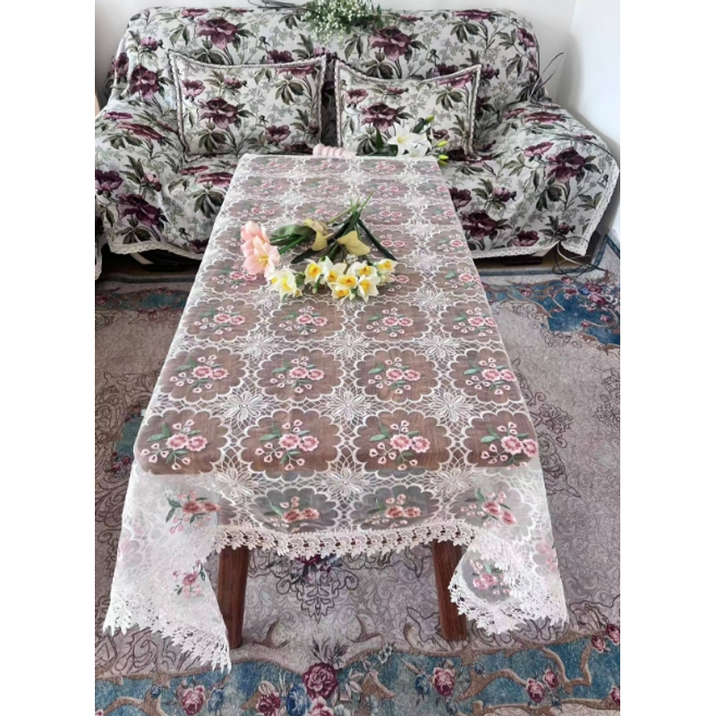 ZN040-998玻璃纱【180*180】白底粉桃花水溶花边桌布茶几布多功能盖