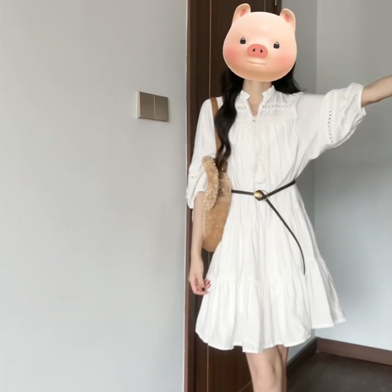 法式气质连衣裙女春秋小个子长袖衬衫裙子气质优雅小白裙E512