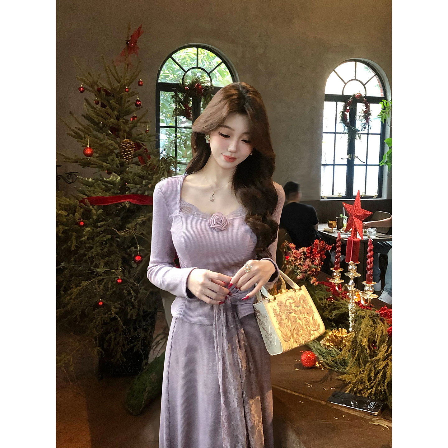 凌茜恣禾【霞落】国风新中式坑条蕾丝紫鱼尾套装温婉优雅高级感裙子