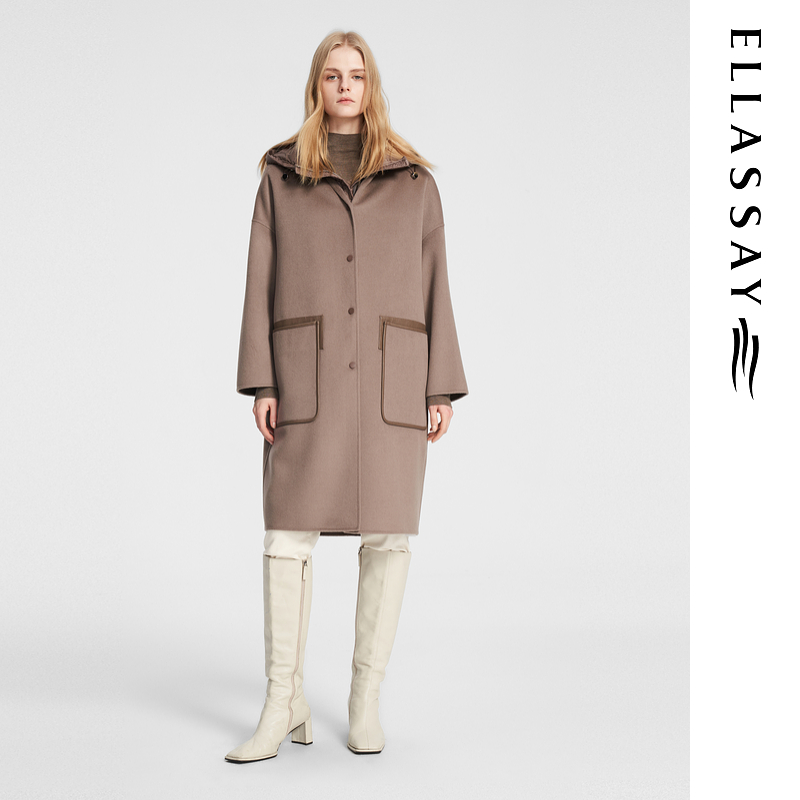 ELLASSAY歌力思秋冬新款绵羊毛真两件羽绒毛呢大衣女EWE354D04000