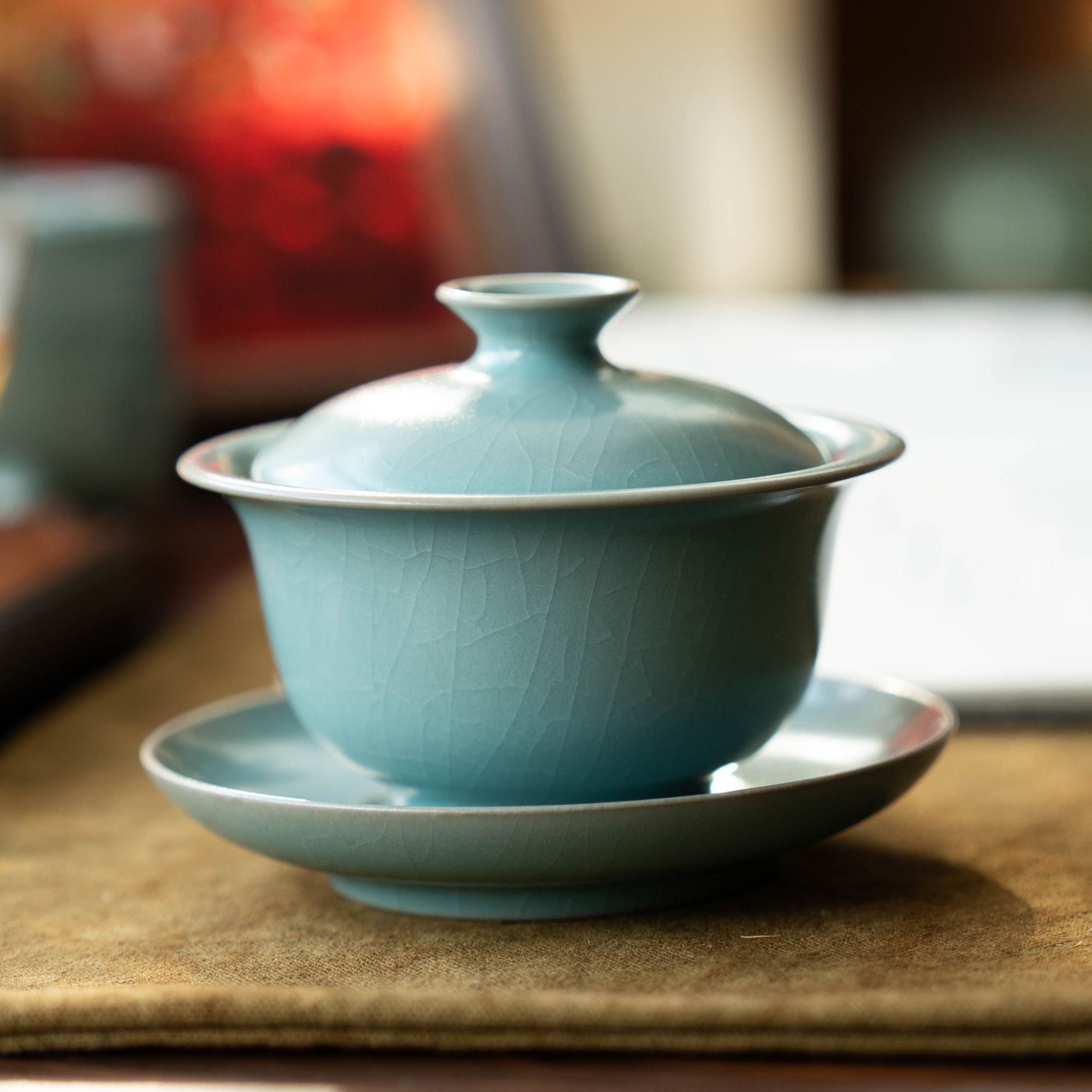 简匠 汝窑当代青杰仿古釉纯手工支钉冰裂纹开片元宝盖碗120cc