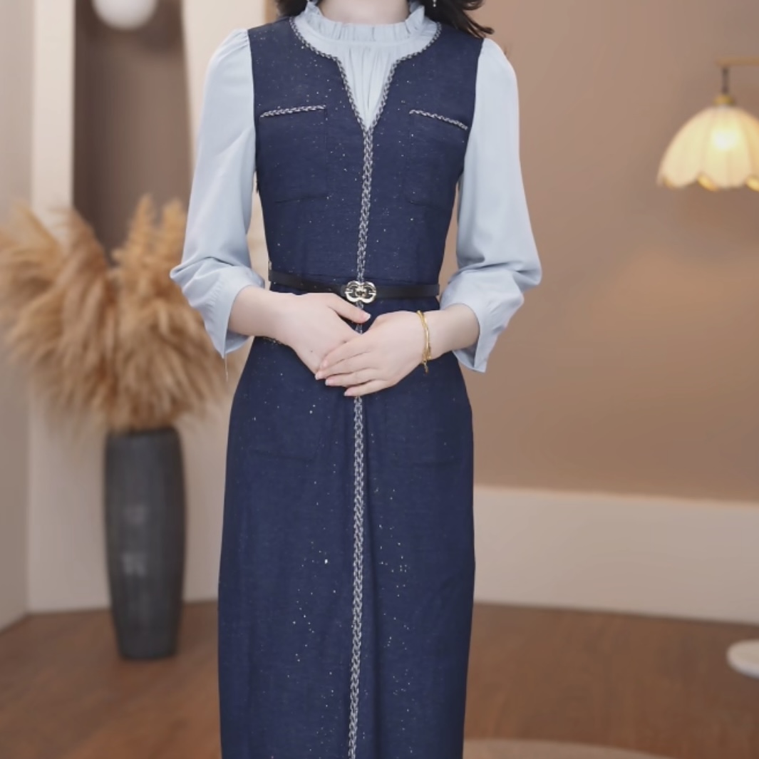 2025春季新款时尚气质优雅藏蓝色腰带收腰显瘦长袖连衣裙