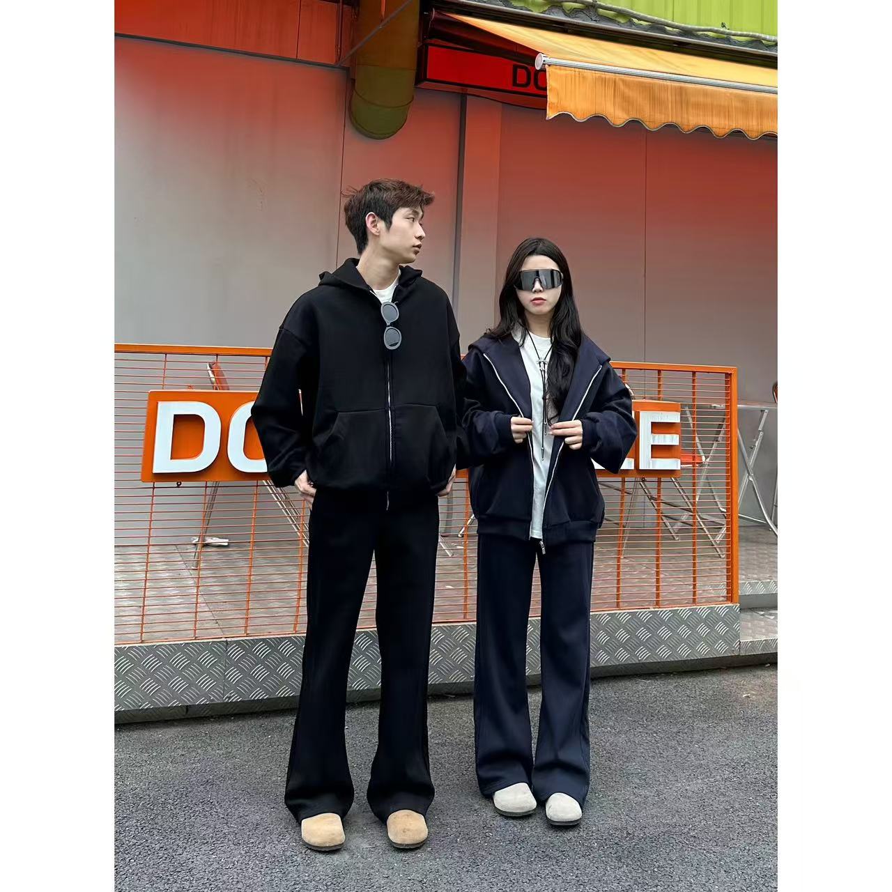 怪兽实验室美式秋冬加绒街头遛狗重磅空气廓形拉链保暖卫衣裤套装