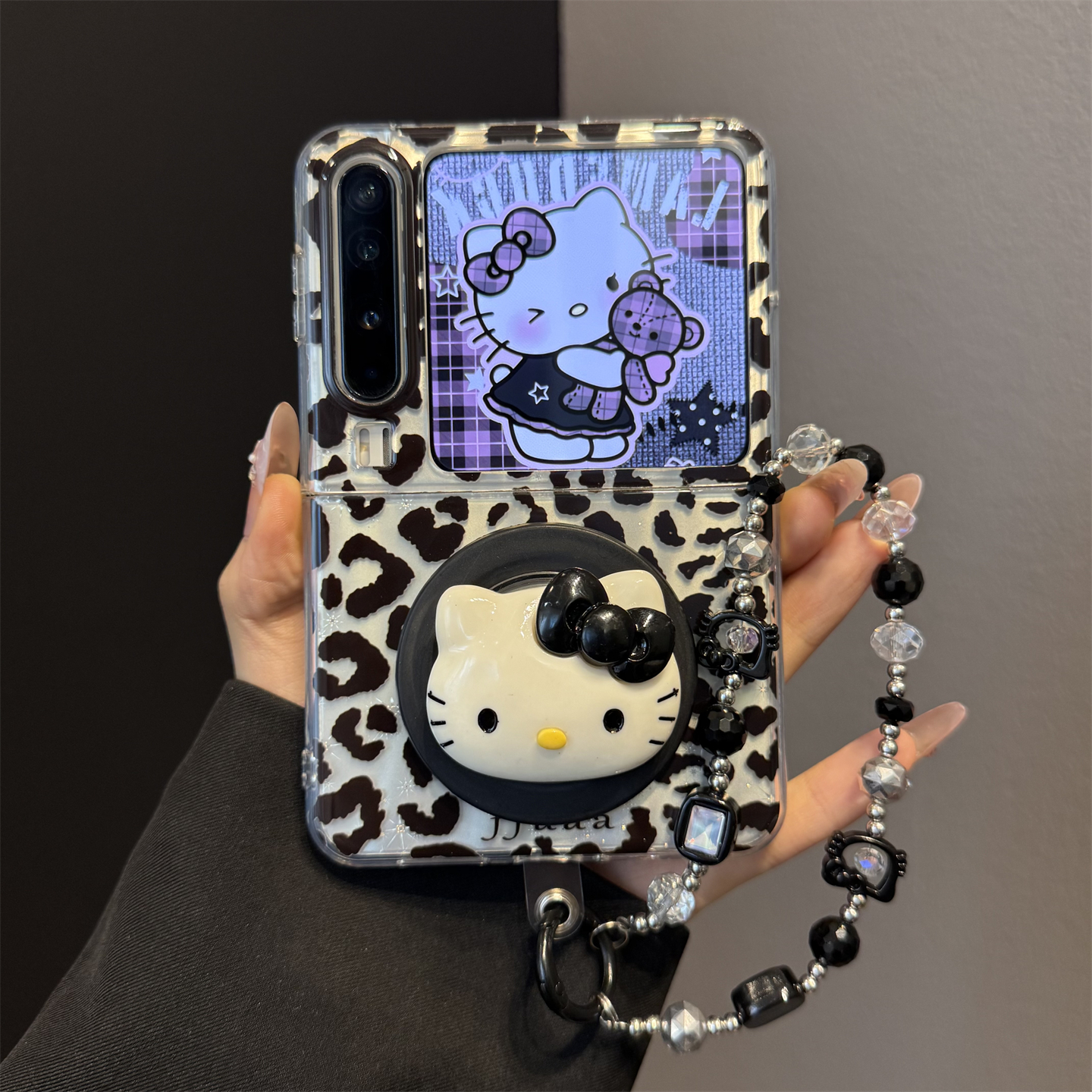 适用华为purax典藏版折叠屏手机壳PuraX黑色豹纹kt猫磁吸支架链条