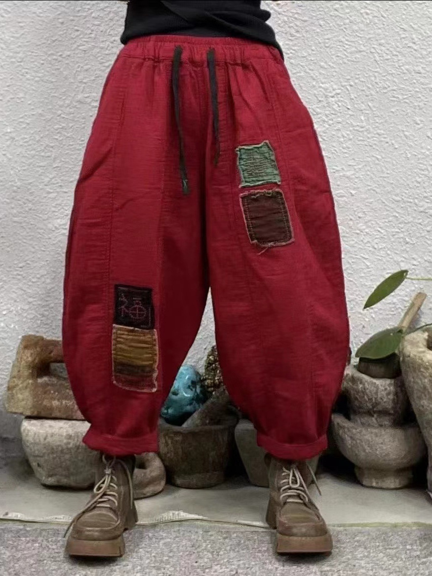 春季新款复古风做旧松紧腰贴布休闲大码宽松百搭休闲女哈伦裤 