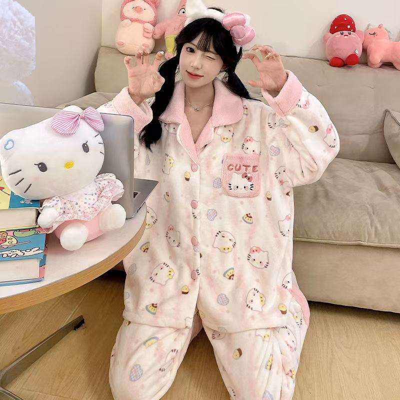 法兰绒加厚冬季草莓kiity开衫睡衣家居服