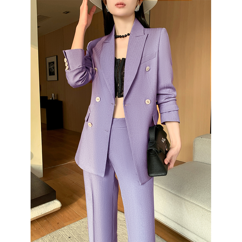 高端紫色西装套装女2025新款秋季气场强大修身职业条纹西服阔腿裤
