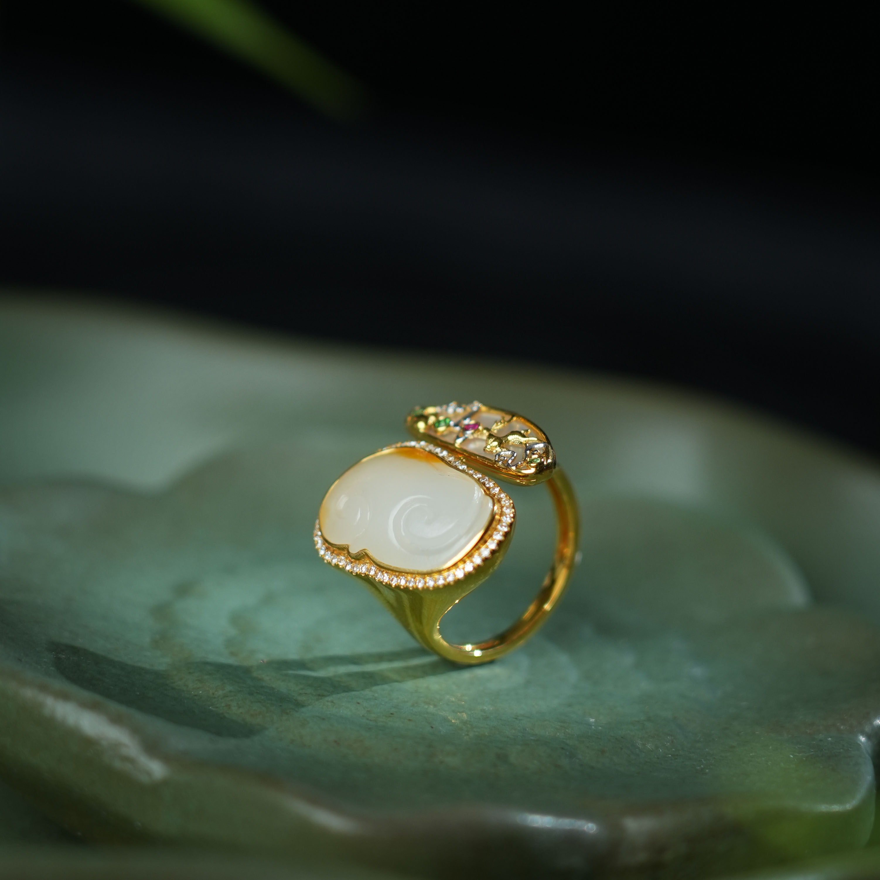 V姐|稀缺|和田玉新疆子料白玉如意戒指 18K金-KB12017