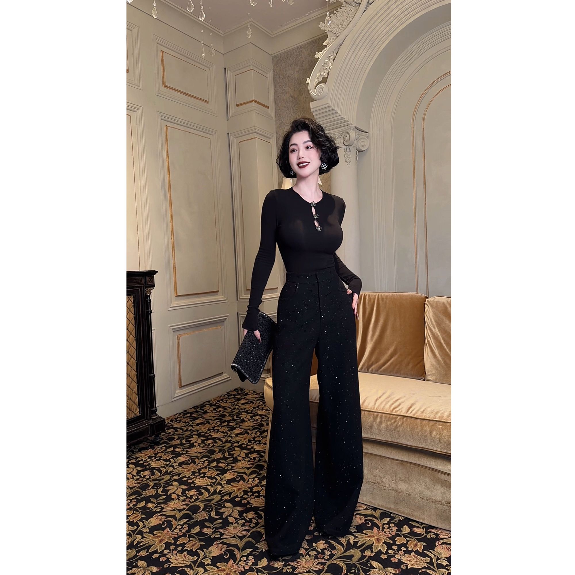 LYXJ【漫步星际】秋冬时尚休闲黑色亮片毛呢阔腿裤12876