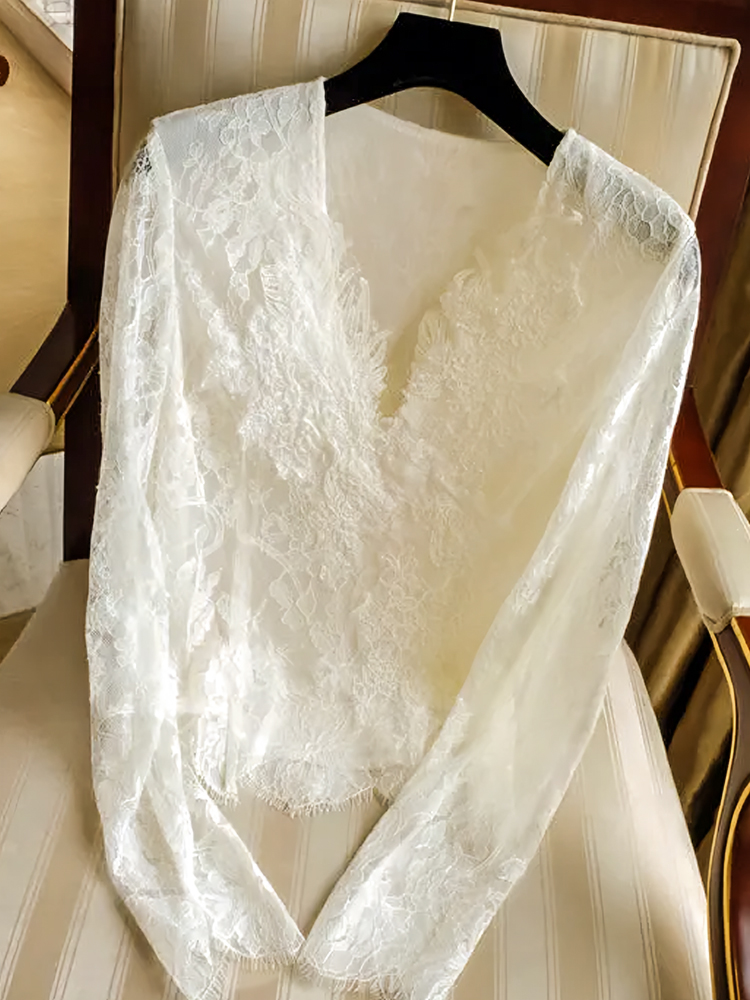 法式绝美性感V领蕾丝衫女秋季新款别致提花设计气质百搭长袖上衣