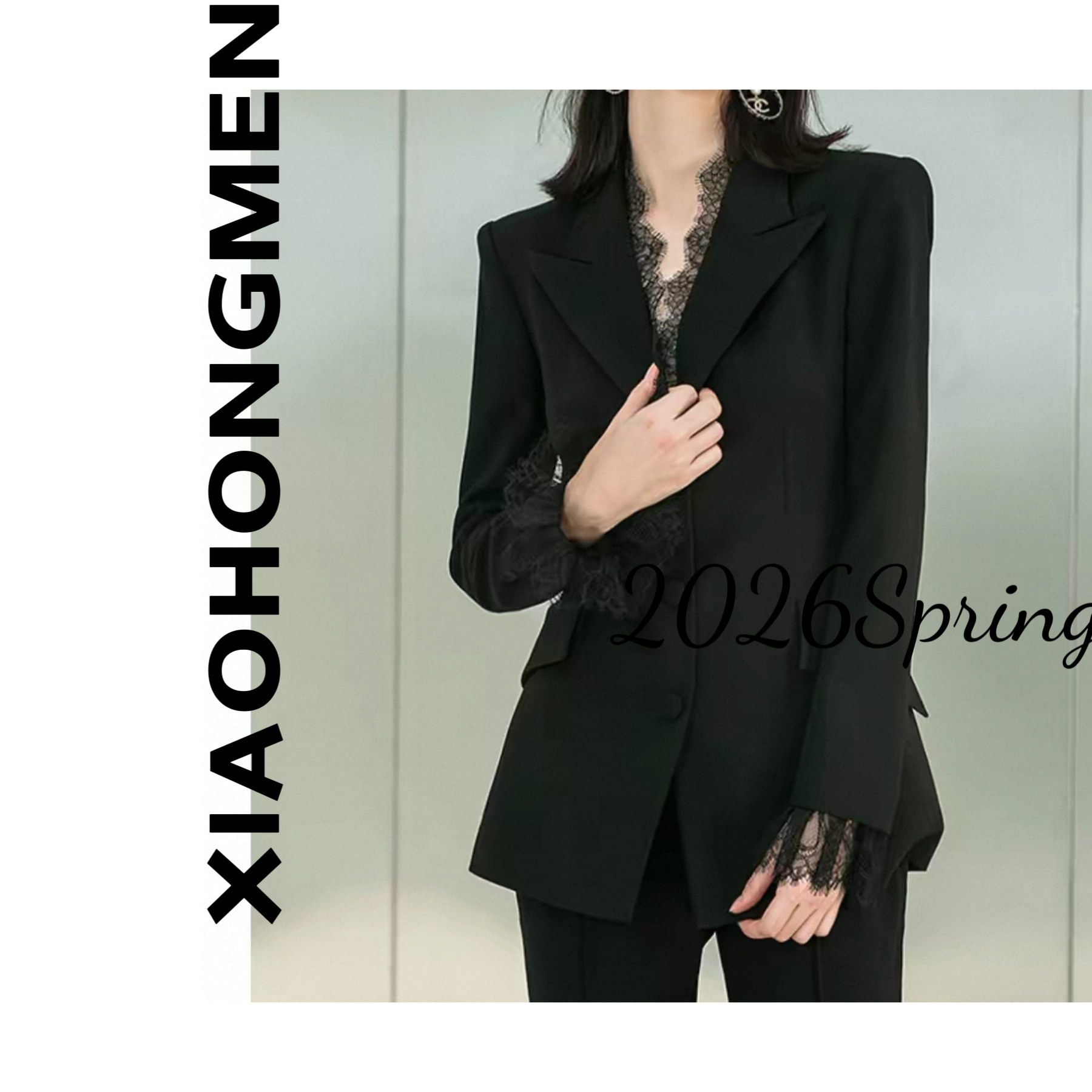 A22332026新款长袖修身蕾丝拼接高级感通勤职业黑色西装女装洋气