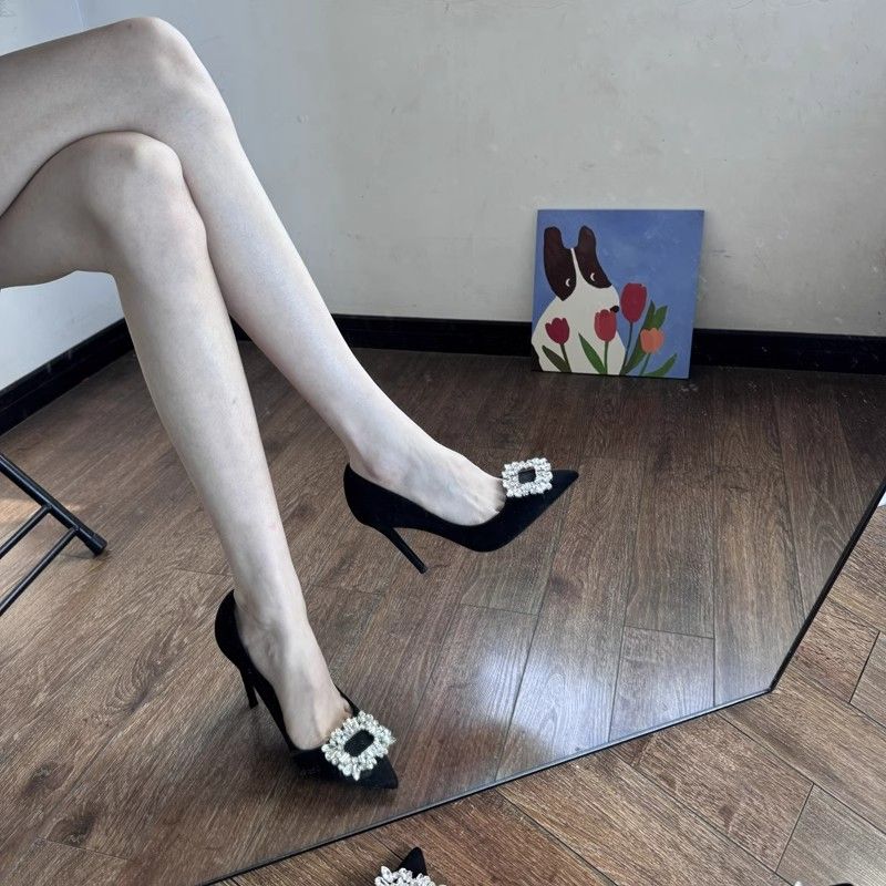 2025年秋季名媛性感尖头方扣水钻法式黑色高跟鞋女细跟女鞋单鞋女