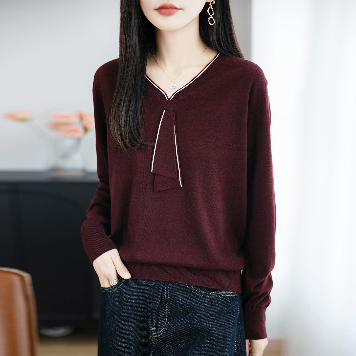 【柔软~亲肤】针织V领长袖秋季精纺羊毛针织衫上衣秋冬百搭女内搭