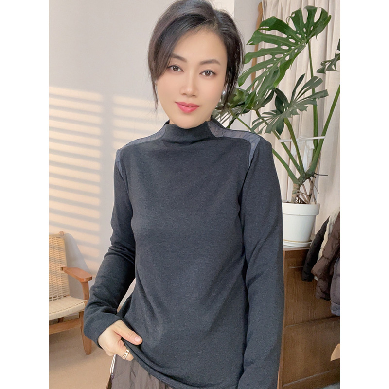 稻子家秋冬2025爆款拼接加绒保暖拼接中高领打底上衣T恤31126