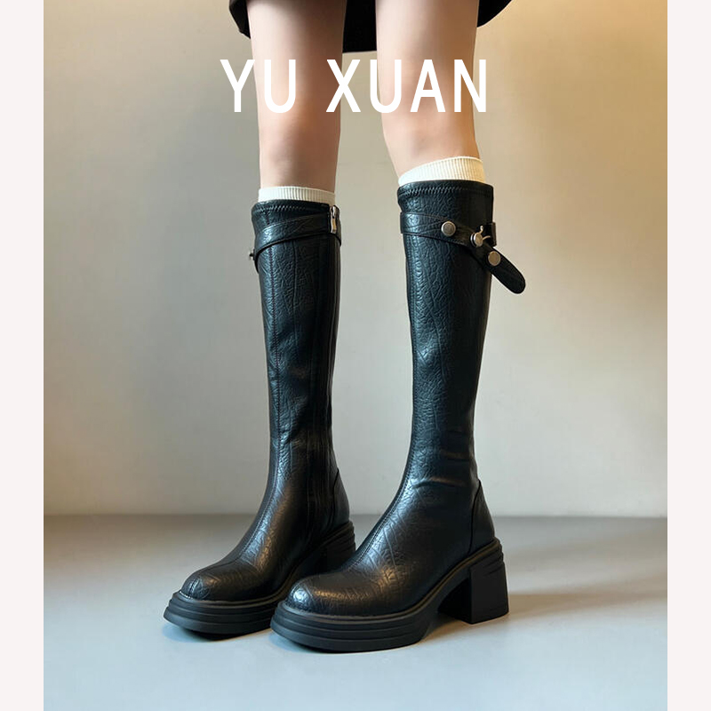 牛皮版~真皮复古金属扣厚底不过膝长筒靴女粗跟高筒瘦瘦靴骑士靴