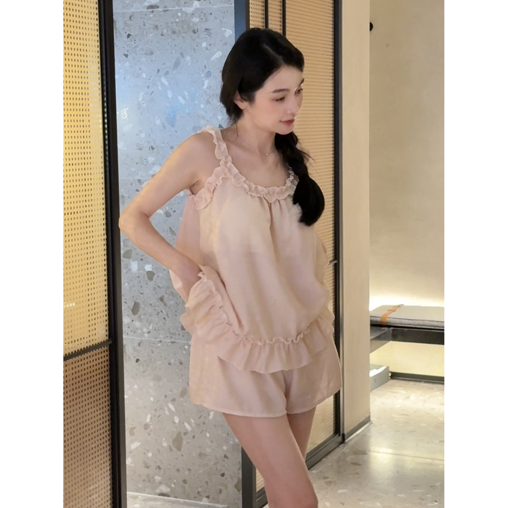 〈云朵芙芙〉夏季甜美减龄亚麻带胸垫吊带长裤短裤睡衣舒适家居服