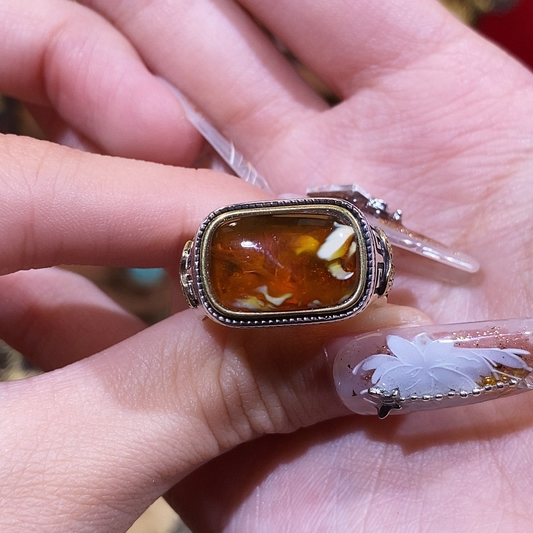 琥珀戒指足银镶嵌⑦***丫戒指