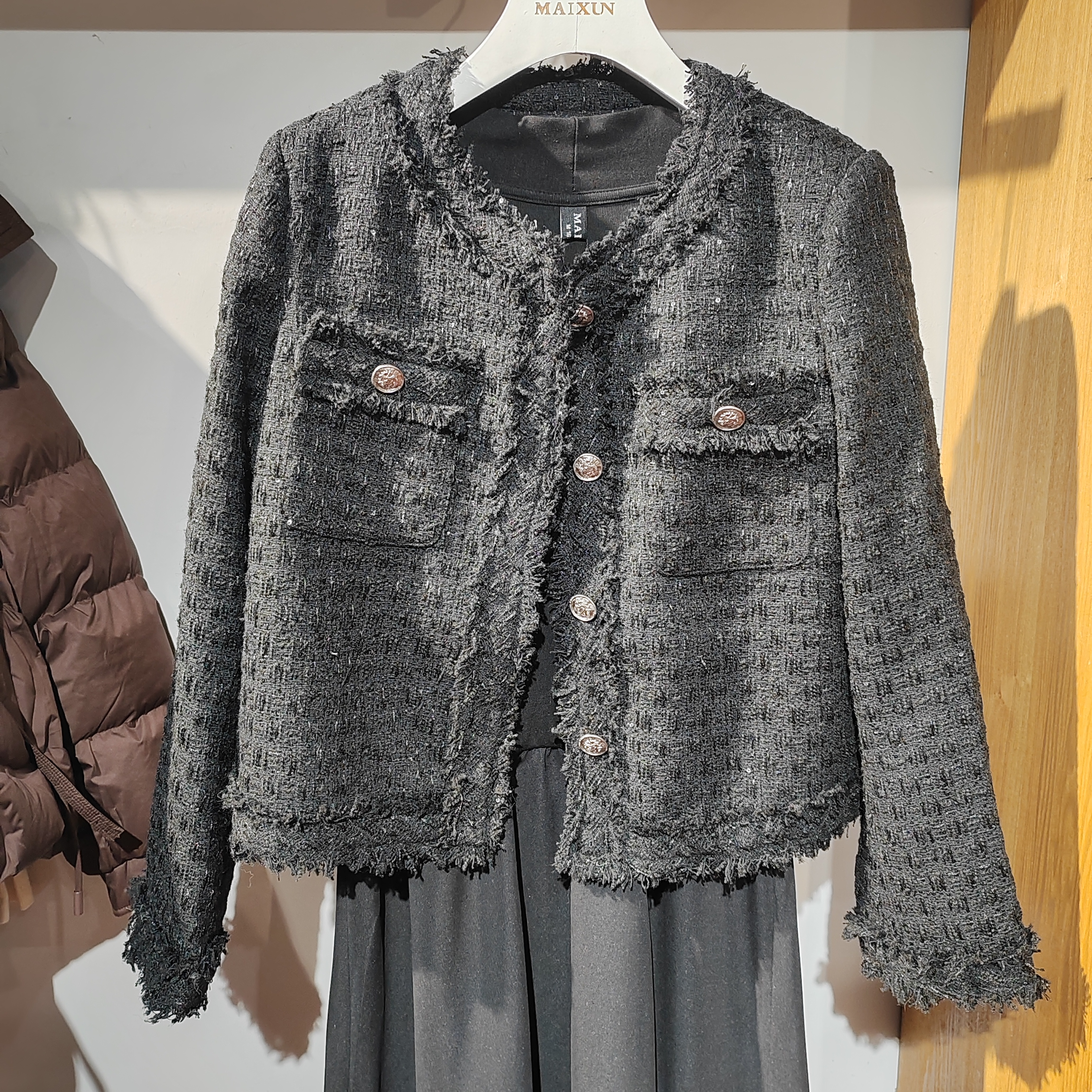 黑色秋款小香风粗花呢外套名媛气质显瘦上衣