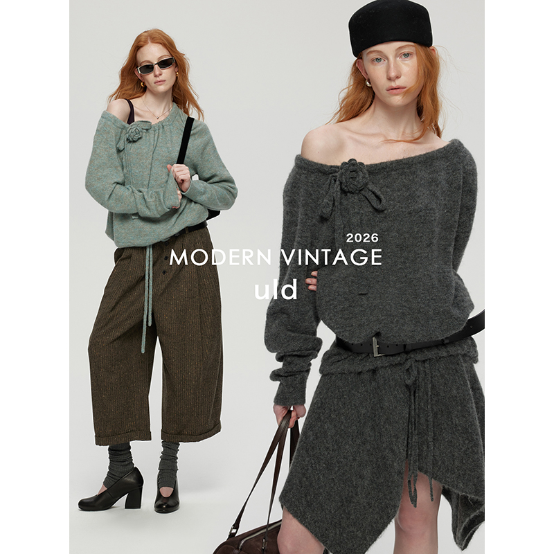 ULD/26春modern中古可抽领多穿秘鲁原产绒感羊驼毛毛衣半裙套装