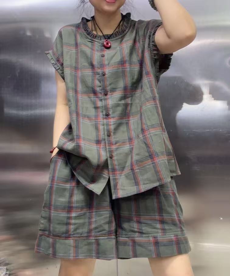 格子四分短裤单色百搭减龄色织双纱套装141011