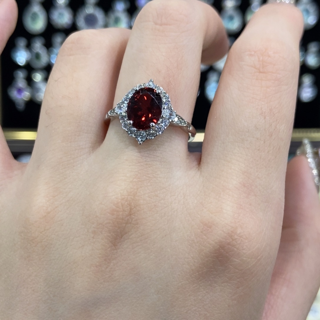 戒指石榴石银S925镶嵌