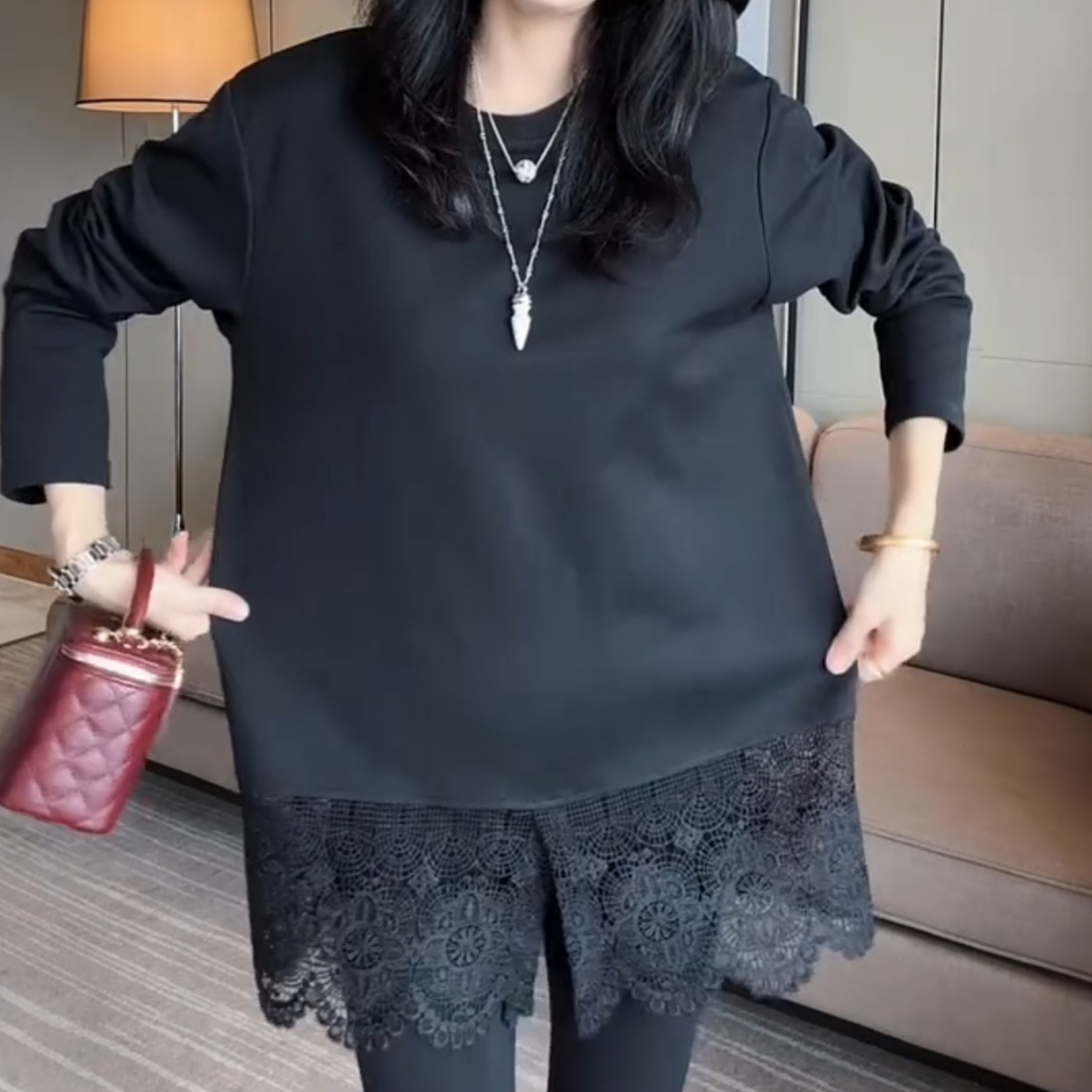 秋冬新款抗皱拼接中长款加厚蕾丝常规圆领打底衫长袖T恤百搭显瘦