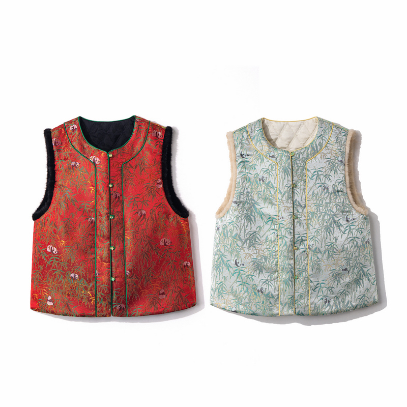 【熊猫】冬季2025新款新中式上衣女装加棉加厚宽松国风水貂毛毛马甲