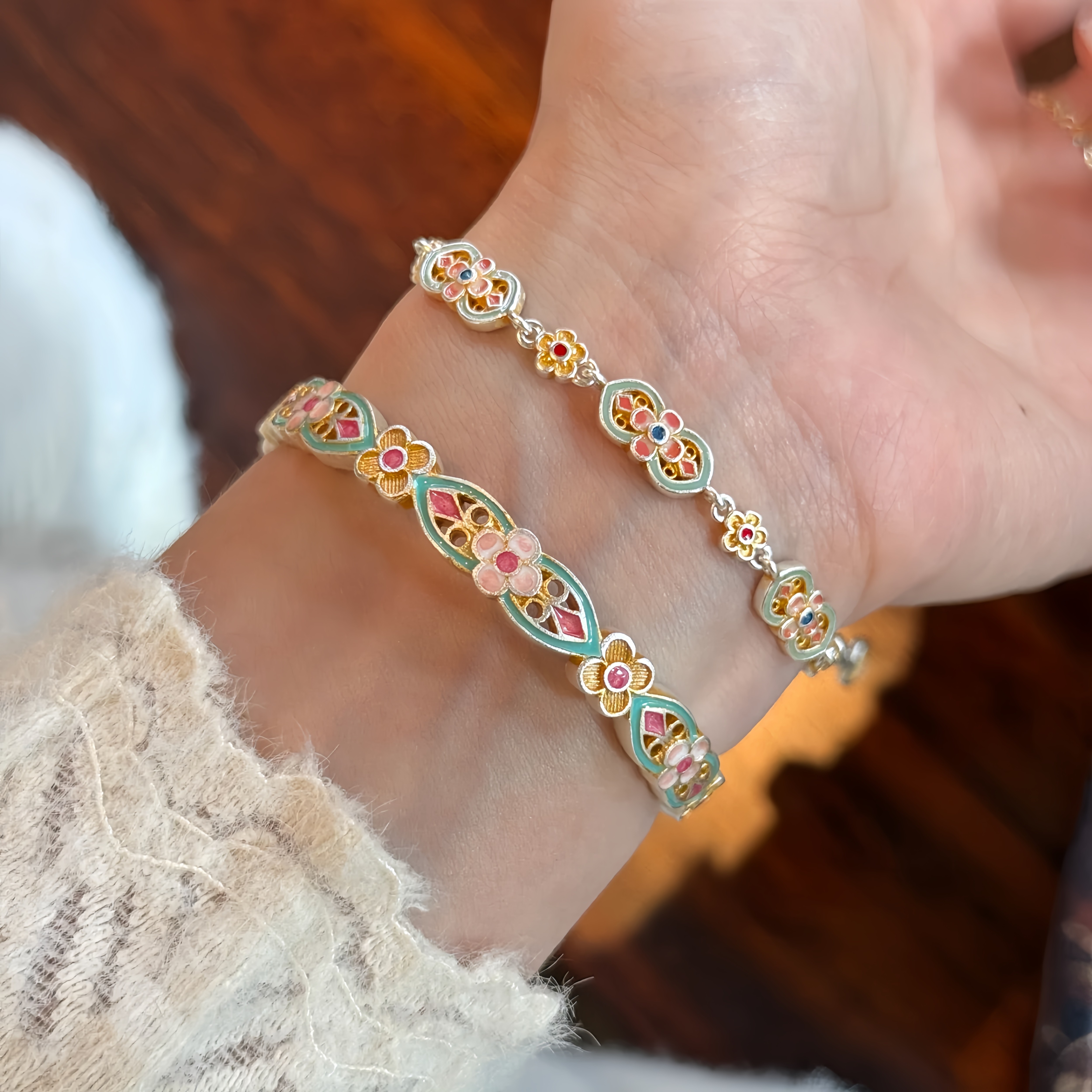 足银珐琅手镯 描金{花满筑｝纯银手镯-实心足银999.9 青春送女友