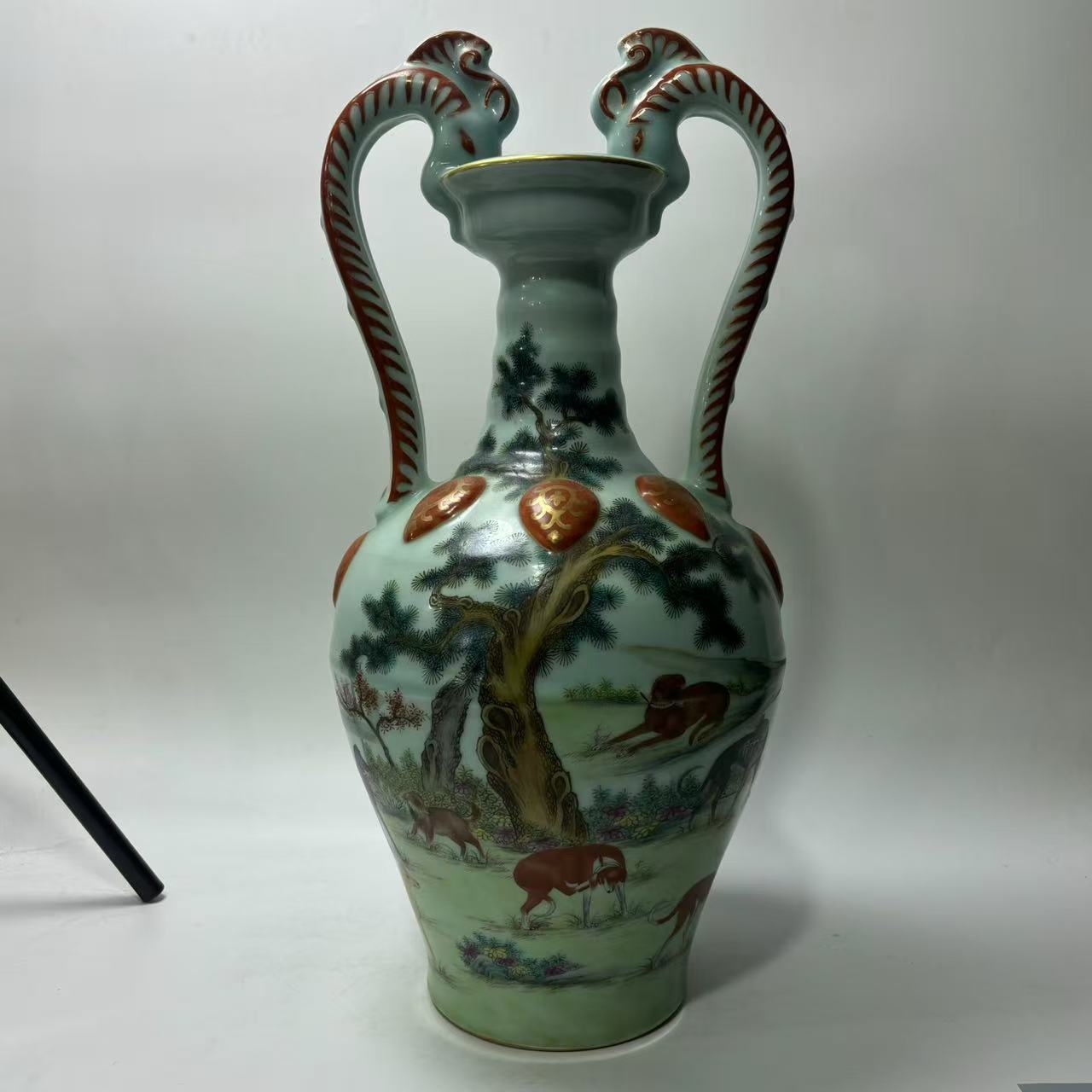 粉彩描金山水百犬图双耳瓶JD2501-082