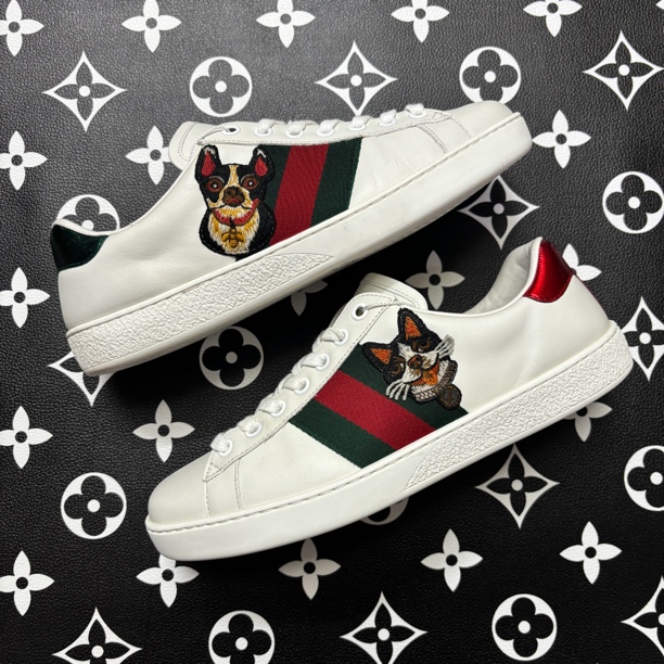 95新 GUCCI/古驰 39欧码法斗刺绣ace板鞋/百搭/时尚/潮流经典